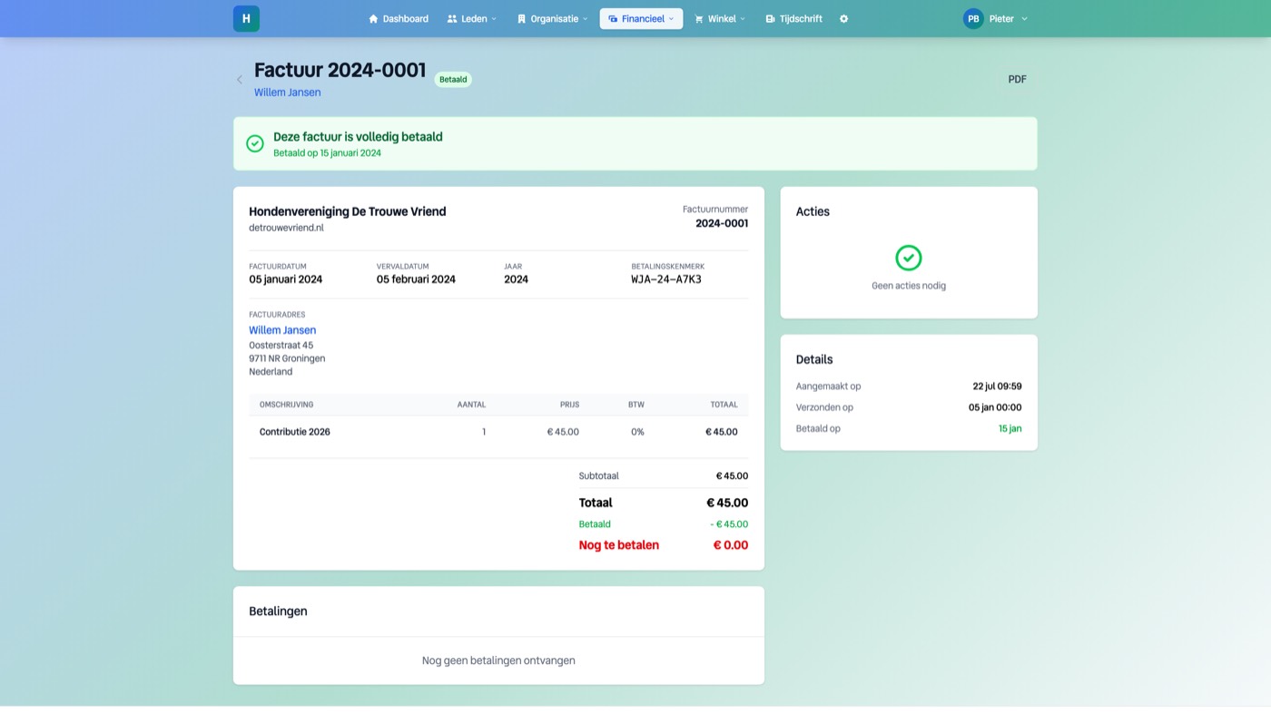 Detail van een contributiefactuur met bedrag en betaalstatus