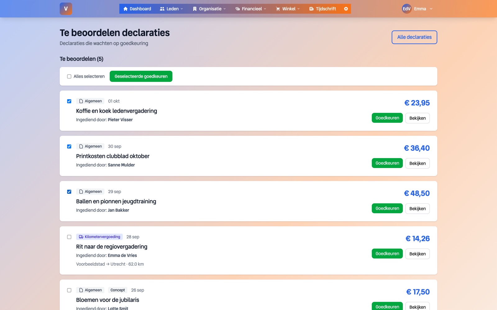 The processing screen with three ticked claims and the Approve selected button