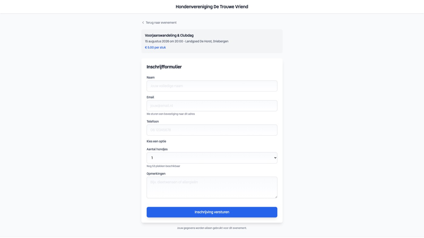 Inschrijfformulier met naam, e-mail en een aantal-keuze