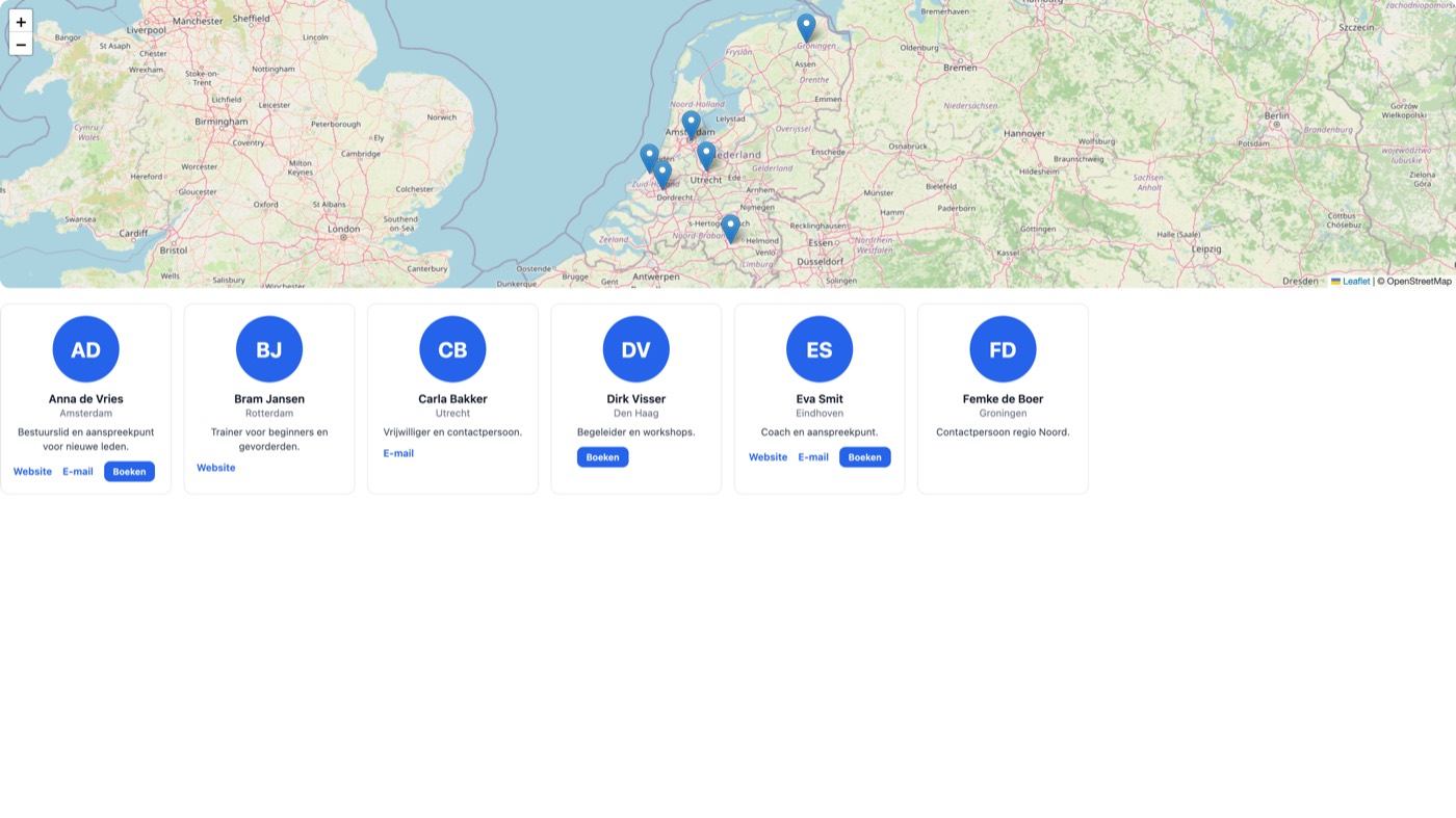 Insluit-widget met ledenkaartjes en een kaart van Nederland